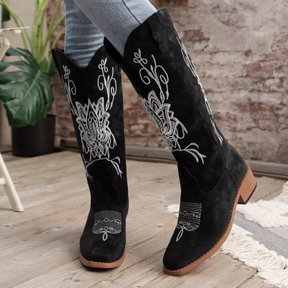 Embroidered Block Heels Boots