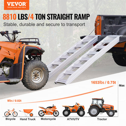 VEVOR Aluminum Ramps, 8810 Lbs, Heavy-duty Ramps With Top Hook Attaching End, Universal Loading Ramp For Motorcycle, Tractor, ATV UTV, Trucks, Lawn Mower, 72inL X 15inW, 2Pcs