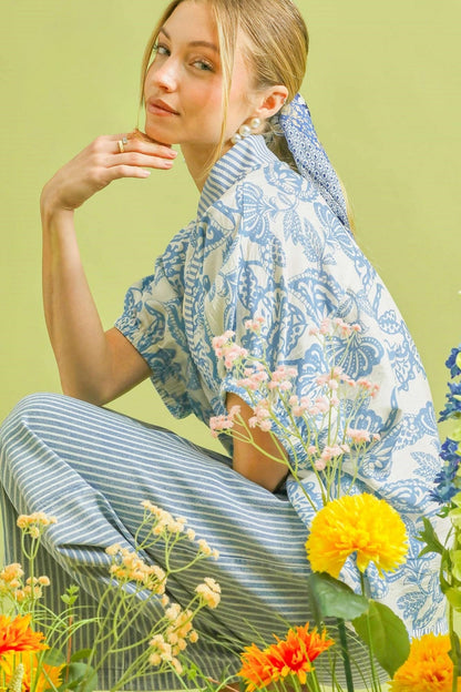 Umgee Botanical Print Mixed Trim Tunic Top