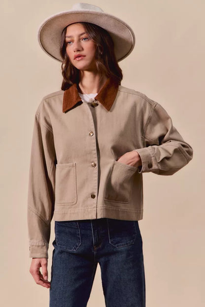 SO ME Cotton Twill Cropped Barn Jacket wtih Collar