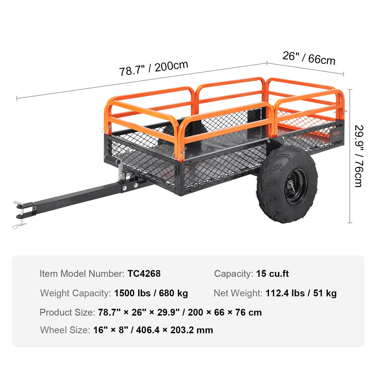 VEVOR Heavy Duty Steel ATV Dump Trailer, 1500-Pound Load Capacity 15 Cubic Feet, Tow Behind Dump Cart Garden Trailer, With Removable Sides And 2 Tires, For Mowers, Tractors, ATV, UTV