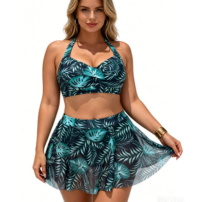 Women's Tropical Leaf 3-Piece Swimsuit, Halter Twist Front Bikini Top & Mesh Skirt Bottom, Modest Tankini Set