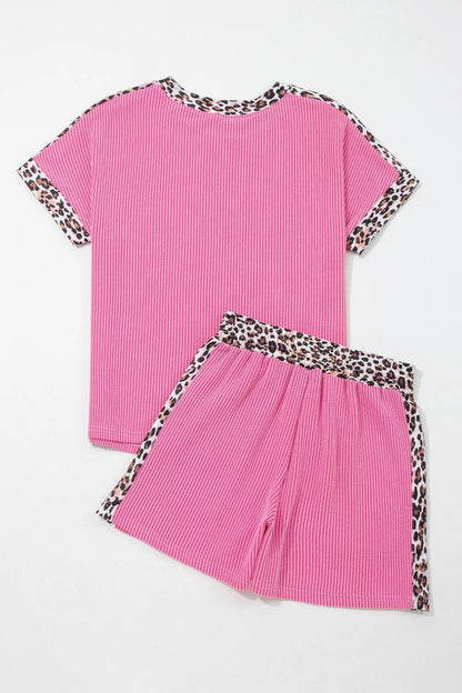 Leopard Trim Twist Ribbed Top and Shorts Set