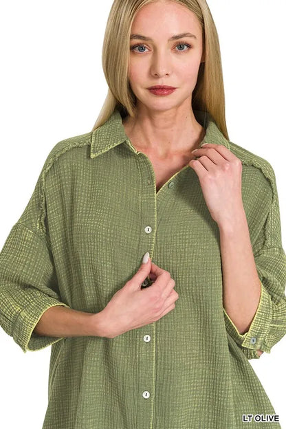 Zenana Washed Double Gauze Button Down Shirt Dress