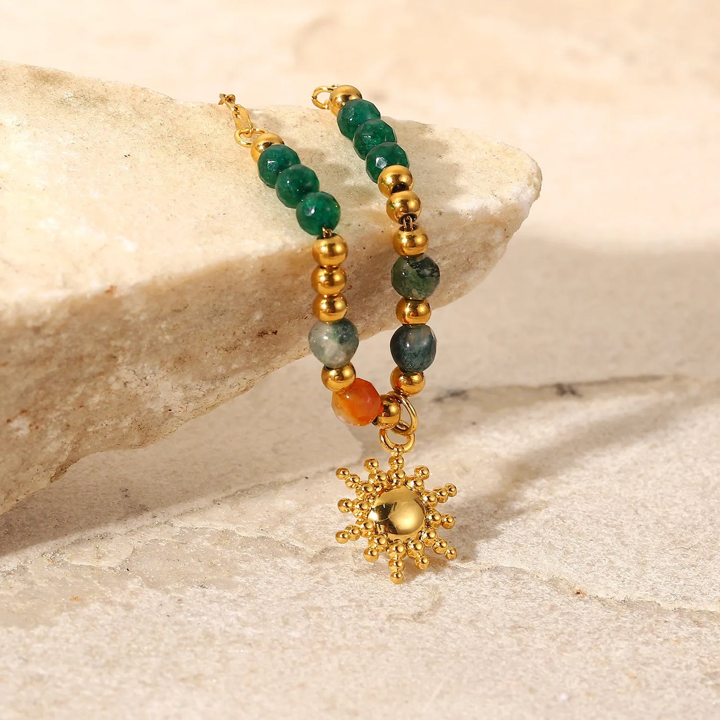 Bohemian Sun Charm Beaded Stainless Steel Necklace