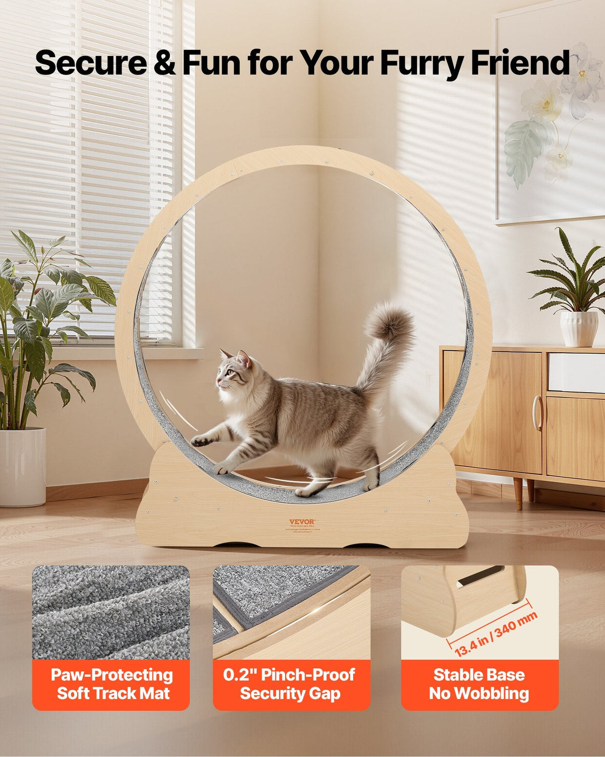 Cat Exercise Wheel, 48 In Wooden Cat Running Wheel For Indoor Cats Up To 28 Lbs, Cats Treadmill With Carpeted Runway & Locking Mechanism, Quiet Roller Kitten Sport Toys For Pets Fitness & Health