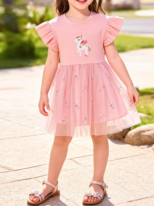 Children's Unicorn Ruffle Sleeve Tulle Dress