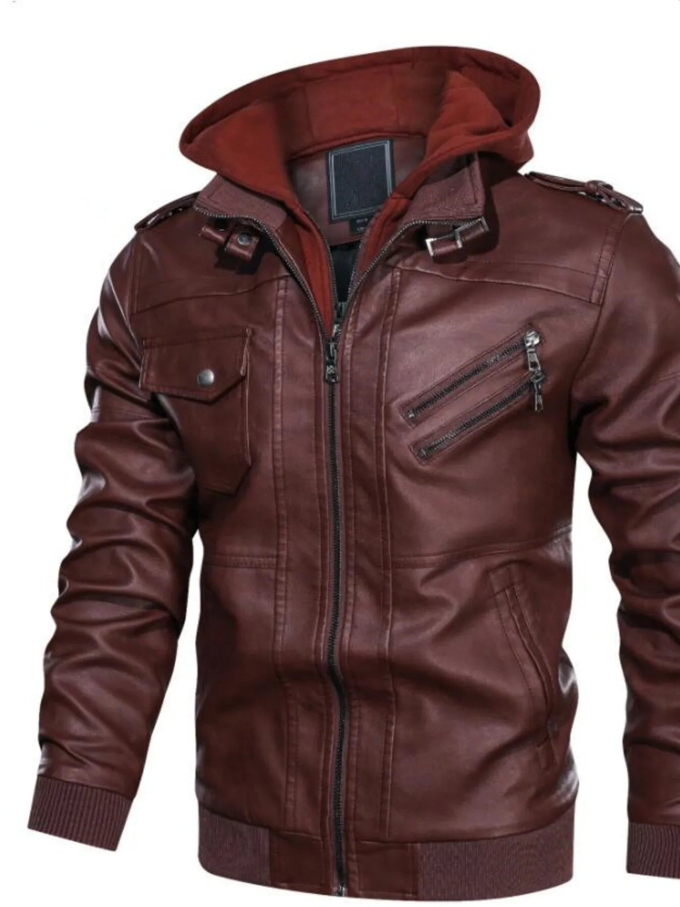 Men's Full Size Vintage Hooded Leather Jacket Plus Size