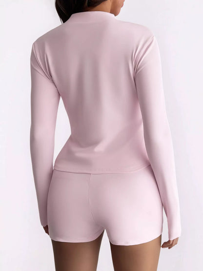 Zipper Front Long Sleeve Top and Shorts Active Set