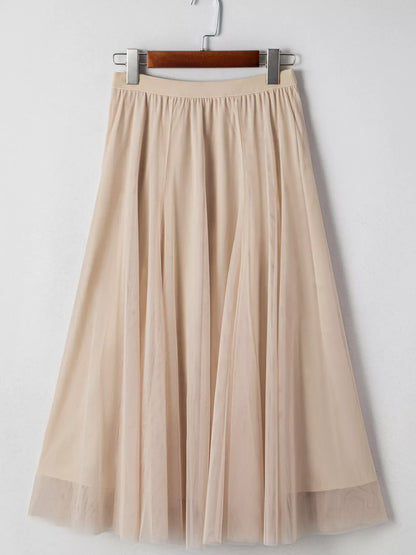 Tulle Mesh Overlay Flared Midi Skirt