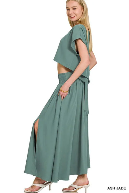 Zenana Heavy Woven Span Crop Tee & Skirt Set