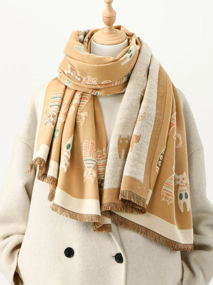 Cute Cat Pattern Raw Hem Scarf