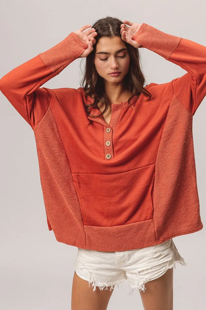 BiBi French Terry Knit Side Block Buttoned Henley Top