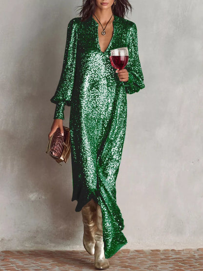 Sequin Notched Lantern Sleeve Maxi Dress
