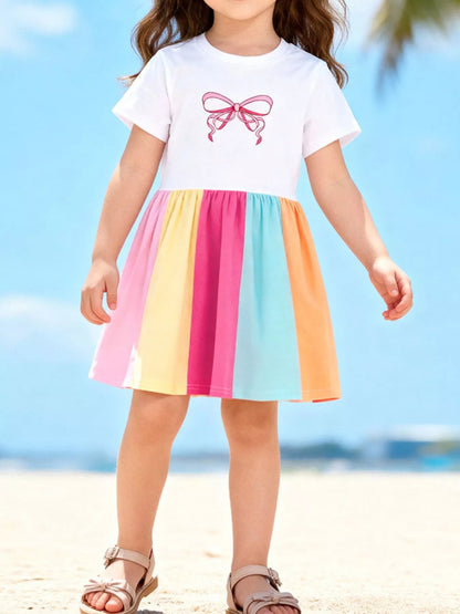 Children's Color Block Bow Short Sleeve Dress