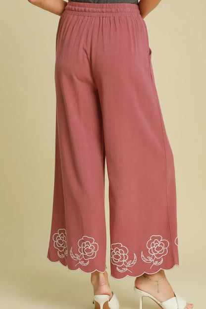 Umgee Full Size Linen Blend Wide Leg Pants with Scalloped Hemline Plus Size