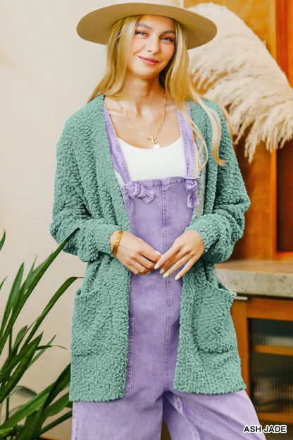 Zenana Long Sleeve Popcorn Sweater Cardigan with Pockets