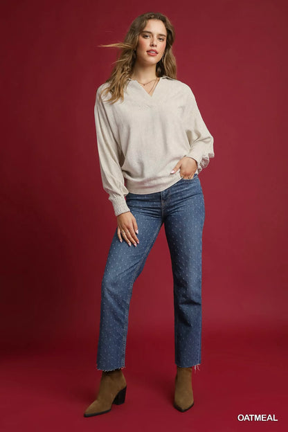Umgee Linen Long Sleeves Elastic Hem Blouse