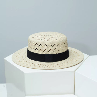 Woven Straw Boater Hat with Ribbon