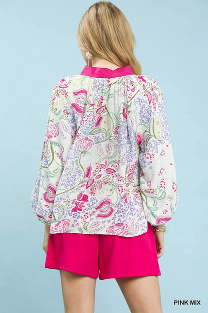 Umgee Paisley Floral Contrast Trim Blouse