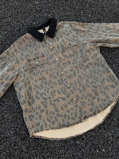 Men's Leopard Button Up Long Sleeve Jacket