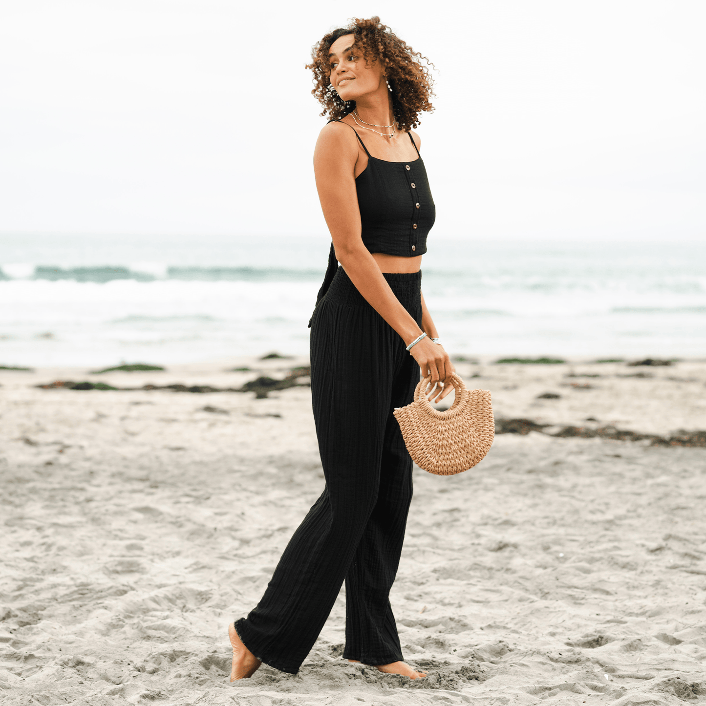 Black Cotton Crop Top & Wide Leg Pants Lounge Set