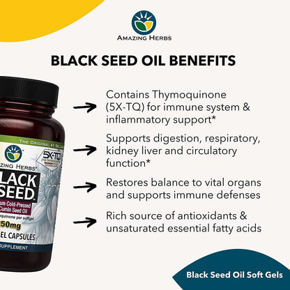 Premium Black Seed Oil Softgels – 1250mg - Amazing Herbs - Natural Capsules for Wellness (60 Softgels)
