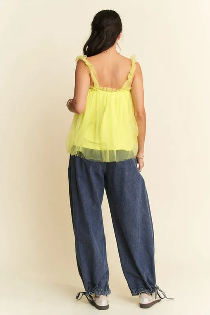Davi & Dani Shirred Ruffle Strap Tulle Babydoll Top