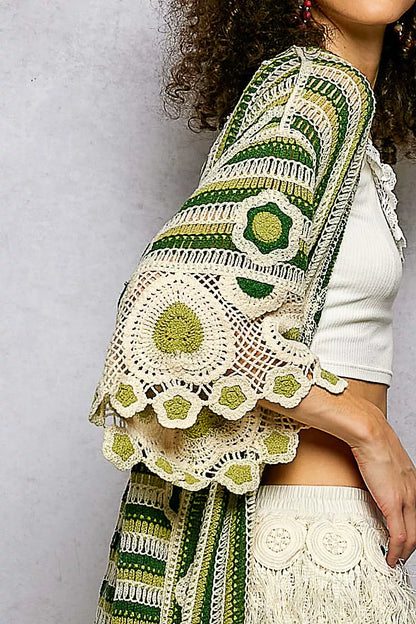 POL Striped and Floral Pattern Crochet Longline Cardigan