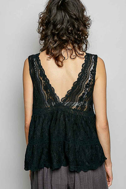 POL Deep V-Neck Scalloped Lace Sleeveless Top