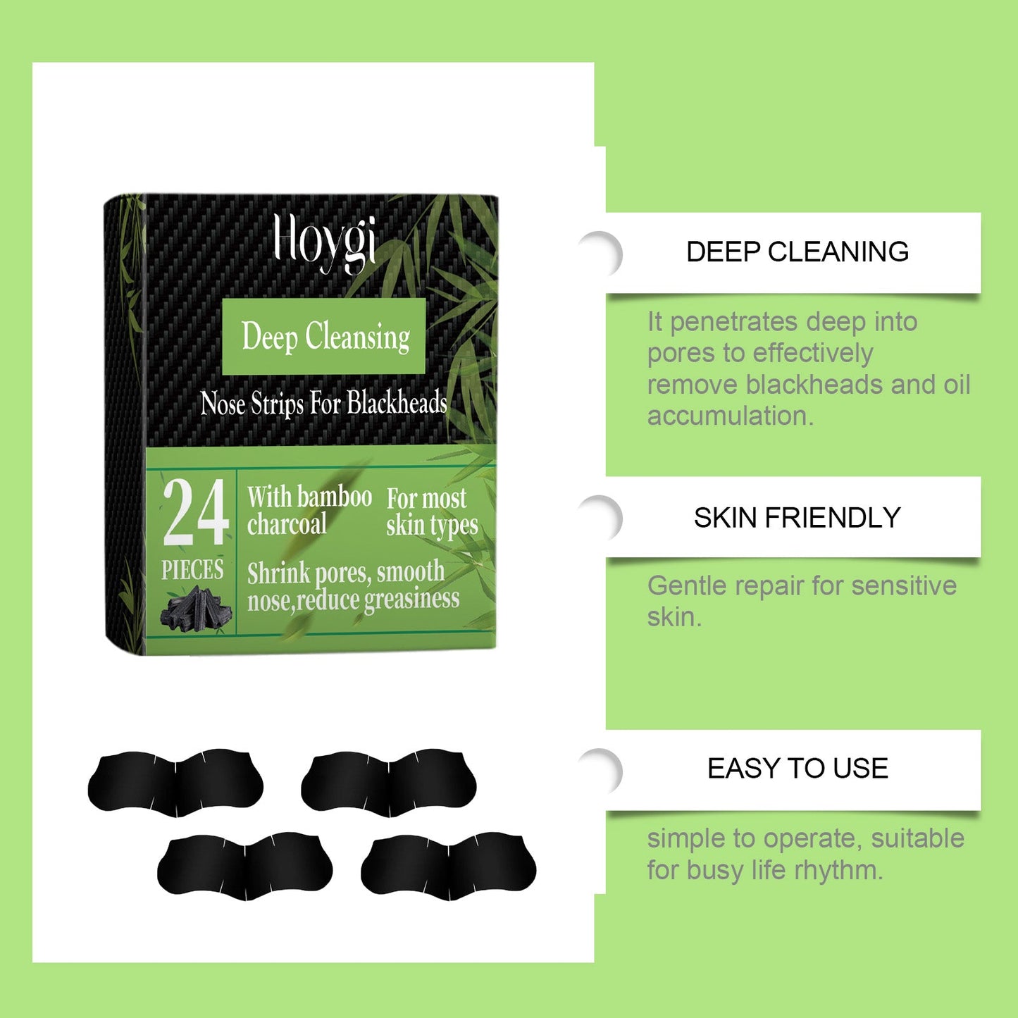 Hoygi Bamboo Charcoal Blackhead Patch, Delicate Skin Care Gently Clean Acne Strawberry Nose Narrow Pores Nose Cleaning Patch