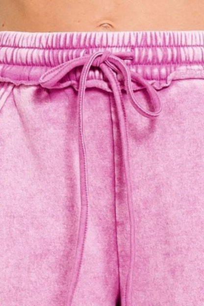 Zenana Acid Wash Fleece Drawstring Shorts With Pockets