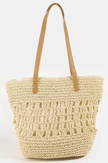 Fame Intricate Straw Braided Large Tote Bag