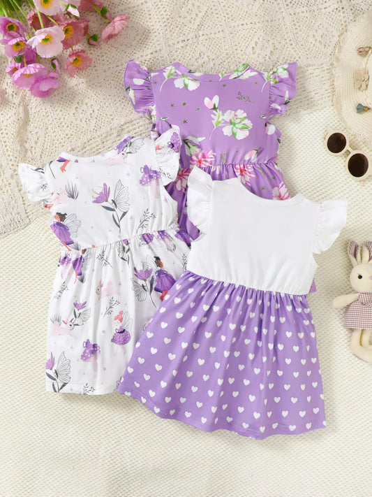 3-Piece Children's Printed Ruffle Sleeve Baby Dress