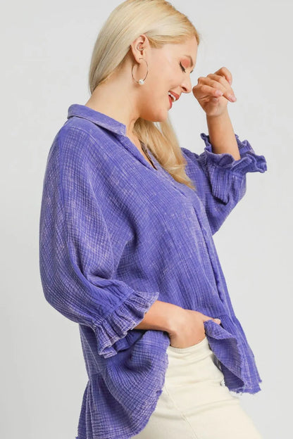 Umgee Plus Size Size Mineral Washed Cotton Gauze Top
