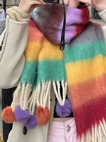 Rainbow Striped Fuzzy Scarf with Pom-Poms