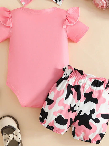 Children's Leopard Heart Bodysuit and Shorts Set with Headband