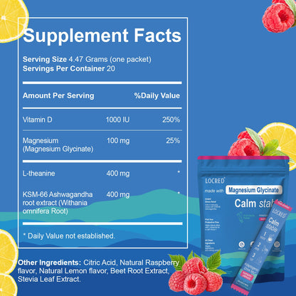 Magnesium Glycinate Calm Stable Drink Mix, Raspberry Lemon Flavor, Stress Sleep Support Powder Packets, 20 On-The-Go Packets