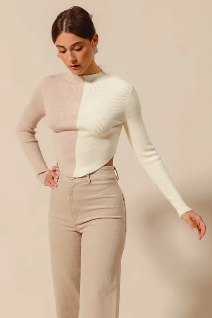 SO ME Color Block Fitted Crop Sweater Top