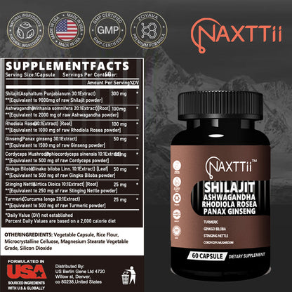 Shilajit Energy Support Capsules 60 Count Bottle Boost Immunity Natural Detox Support