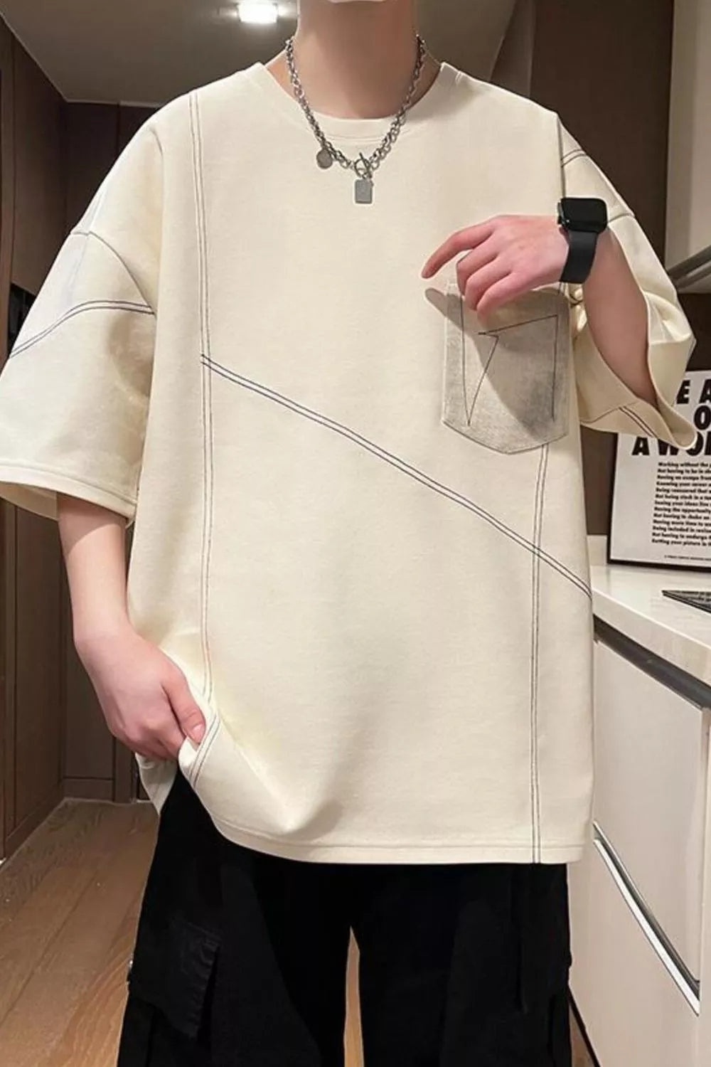 Men's Plus Size Contrast Stitching Oversized Round Neck T-Shirt