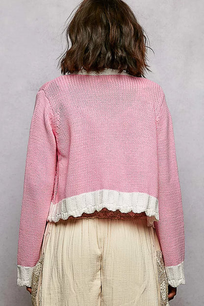POL Button Down Cable-Knit Cardigan with Contrast Border Accents