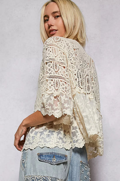 POL Floral Lace Short Sleeve Crochet Cardigan with Tassel Tie