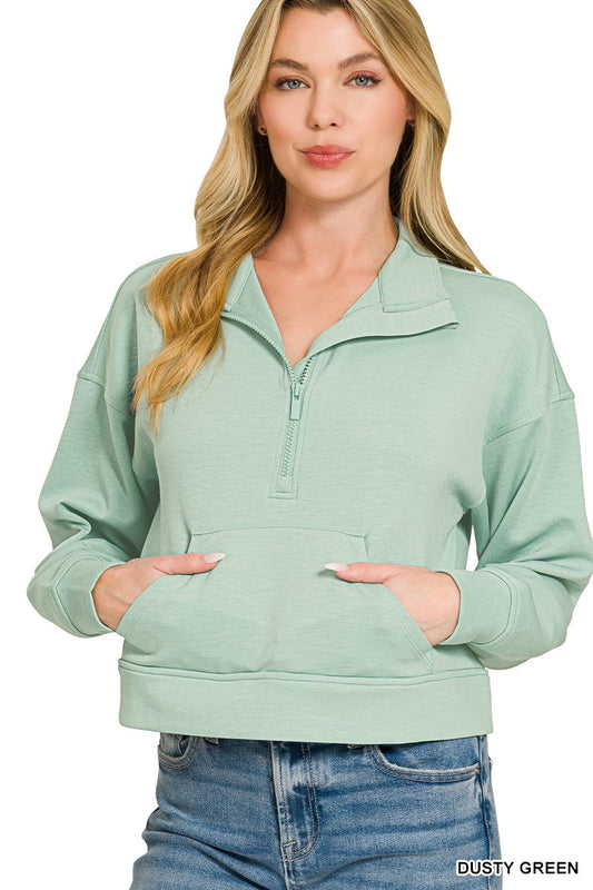 Zenana Scuba Half Zip Pullover With Kangaroo Pockets