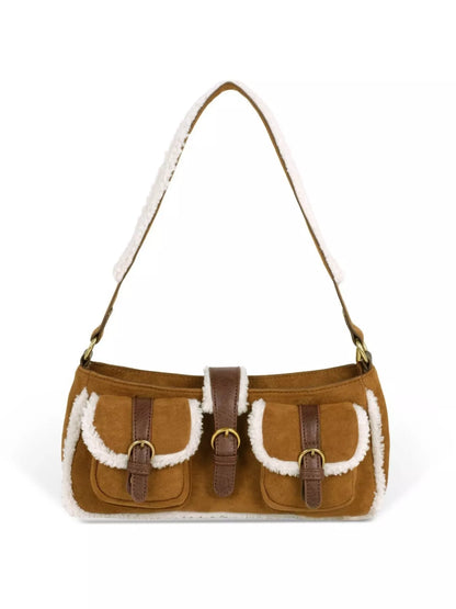 Vintage Suede Shoulder Bag with Plush Trim
