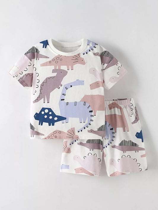 Children's Dinosaur Print Round Neck Top and Shorts Set