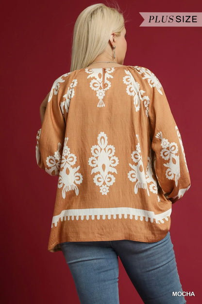 Umgee Full Size Two Tone Border Print Top with Balloon Sleeves Plus Size