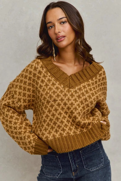 SO ME Color Block Textured Christmas Sweater V Neck Top