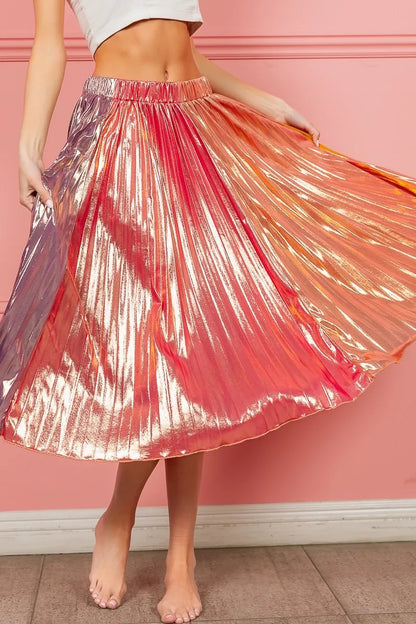 BiBi Metallic Color Block Pleats Midi Skirt