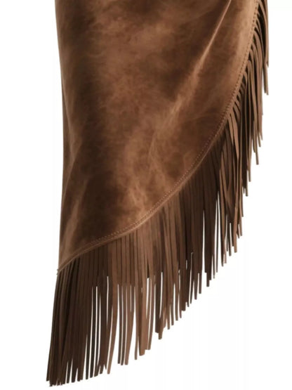 Full Size Suede Fringe Asymmetric Skirt Plus Size